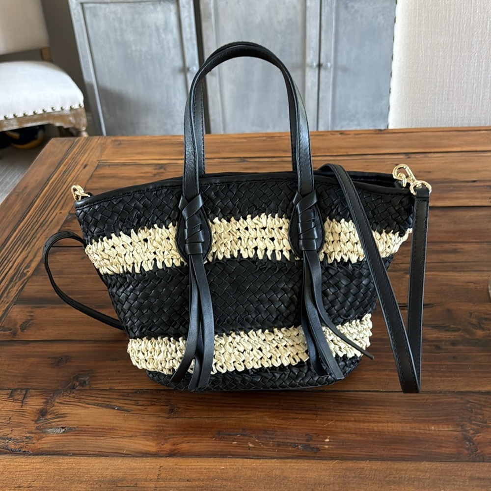 Woven Straw Accent Black Mini Tote - Picture 2 of 6